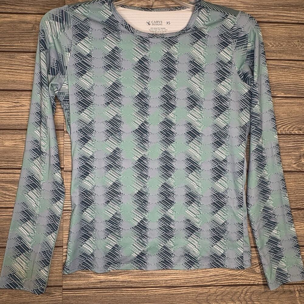Carve Design Striped Tropical Print Swim Shirt Rash Guard Green Women's Size XS